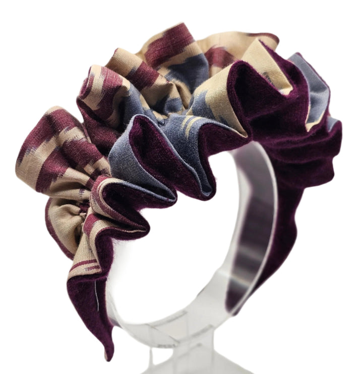 Burgundy, Red, Slate Blue, and Cream Ikat with Burgundy Cashmere