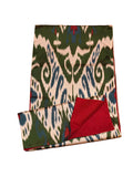 Forest green indigo white and crimson Uzbek ikat stole with crimson denim, handwoven reversible scarf